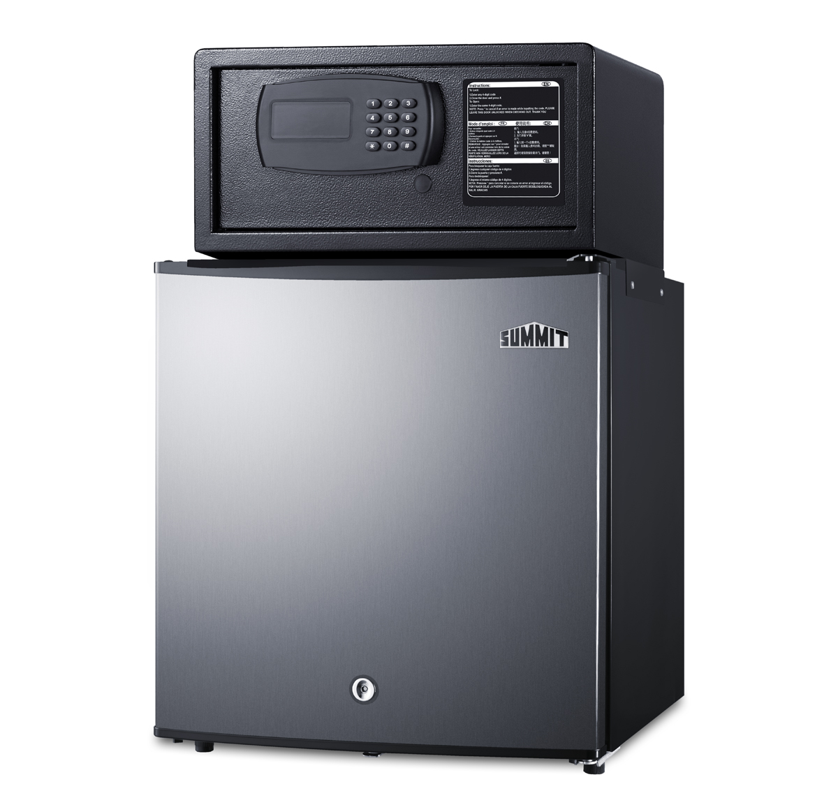 Compact minibar with front lock and stainless steel exterior with an in-room hotel safe in stainless steel with digital keypad lock